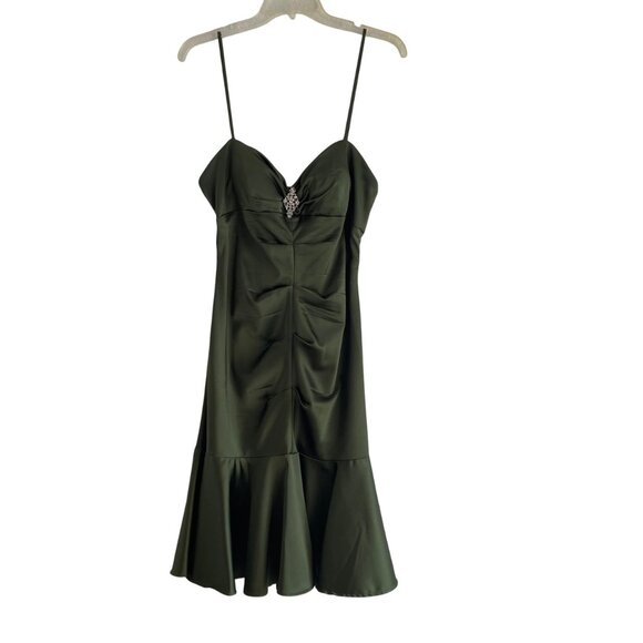 Xscape Petite 14P Satin Olive Green Mermaid Cocktail Dress Jeweled Spaghetti - Picture 1 of 10